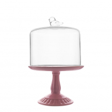 SMALL CERAMIC CAKE STAND WITH GLASS COVER (PINK)